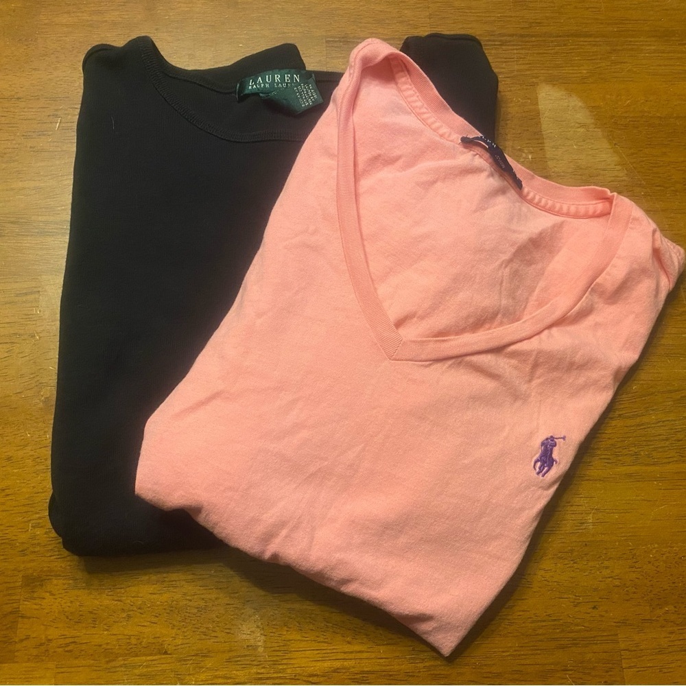 Ralph Lauren Pink V-Neck Tee and Black LRL Crew Neck Long Sleeve Bundle